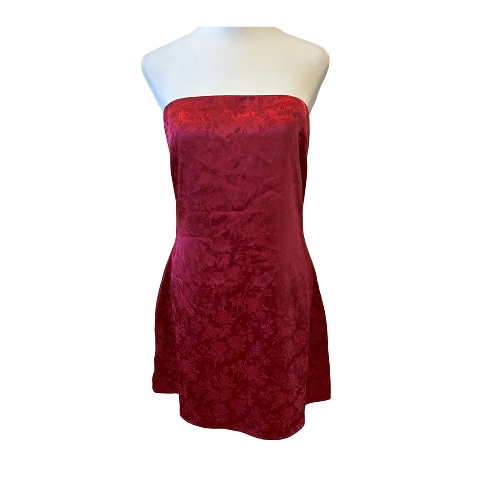 Princess Polly Strapless Satin Mini Dress Size 8 Burgundy Red Floral Vamp Prom